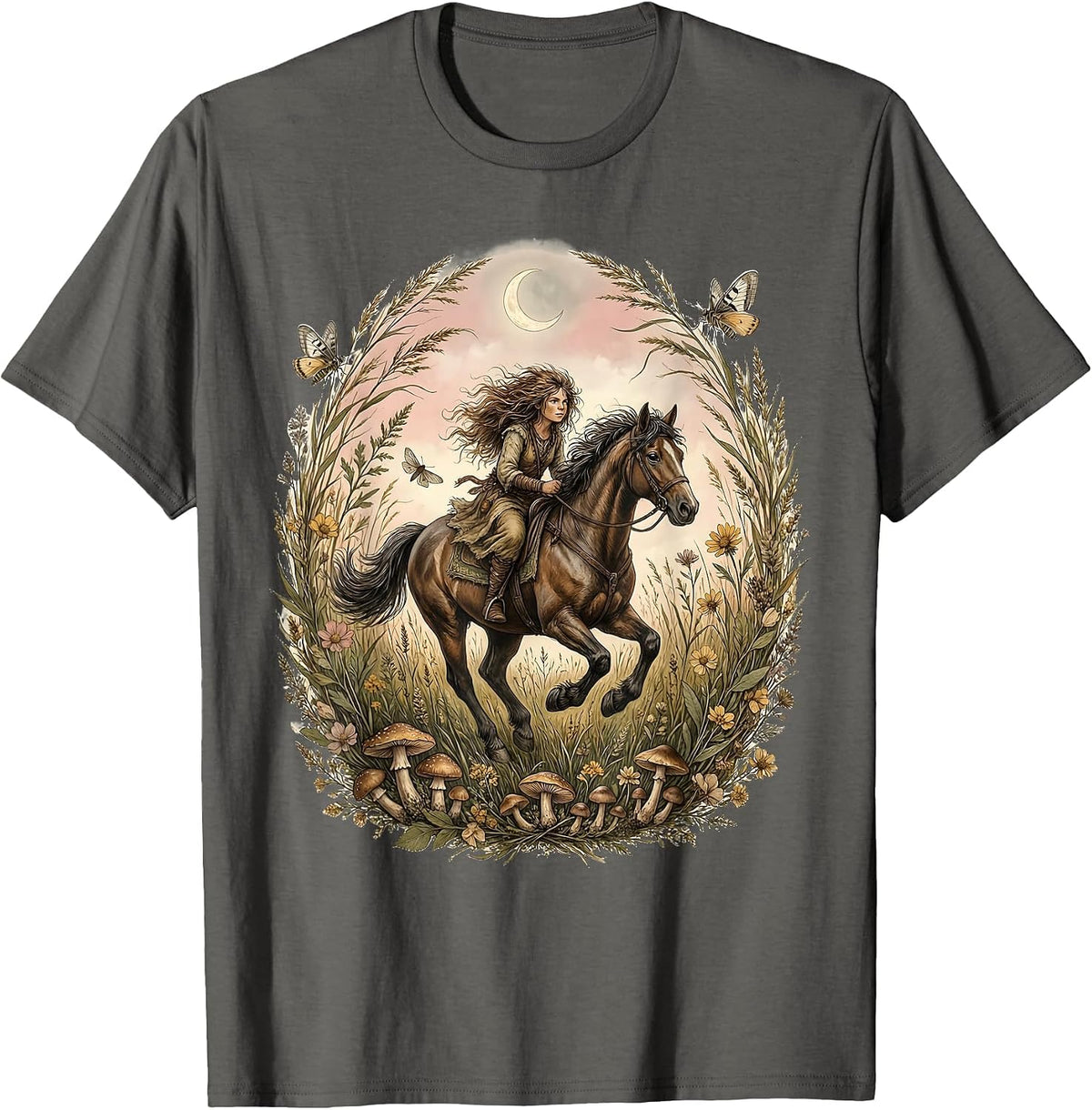Bareback Gallop Through the Tall Grass Horse Rider T-Shirt - Asphalt Grey