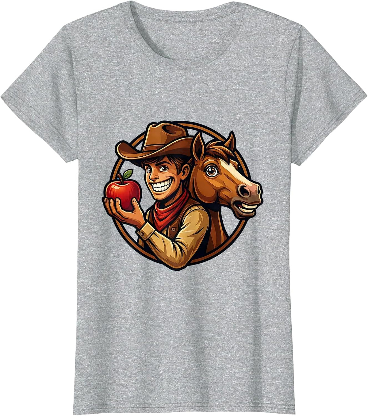 Women's Young Cowboy Feeding Apple to Horse Illustration T-Shirt - Heather Grey