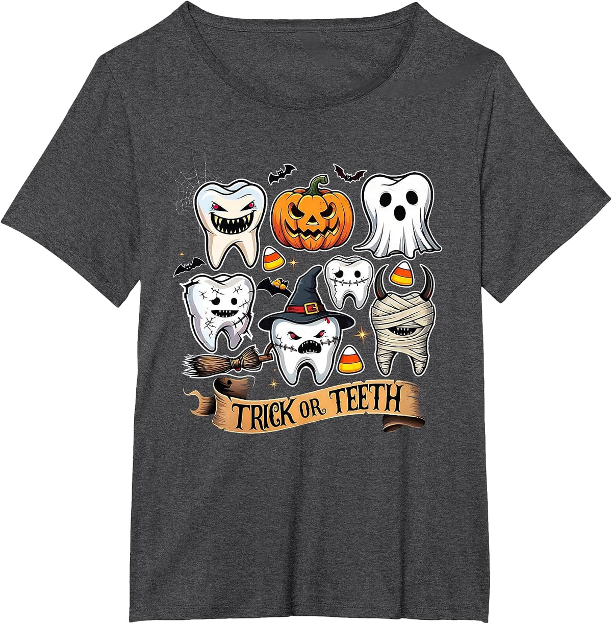Trick or Teeth Funny Halloween Dentist Tooth Design T-Shirt - Dark Heather Grey
