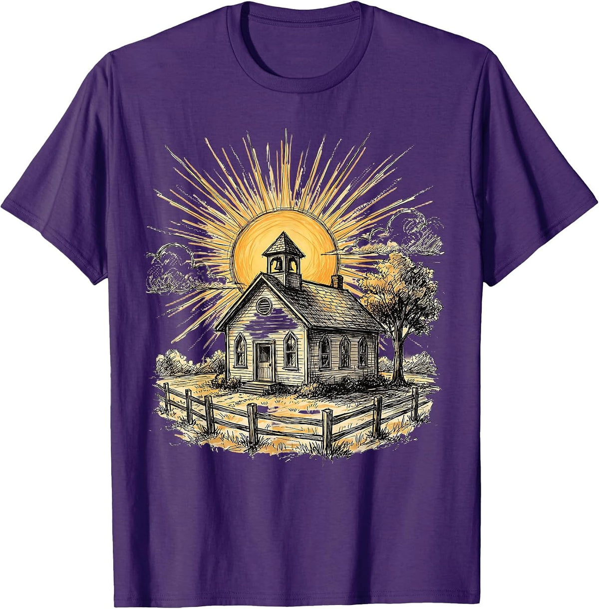 5th Grade Teacher Schoolhouse Sunrise Design T-Shirt - Purple