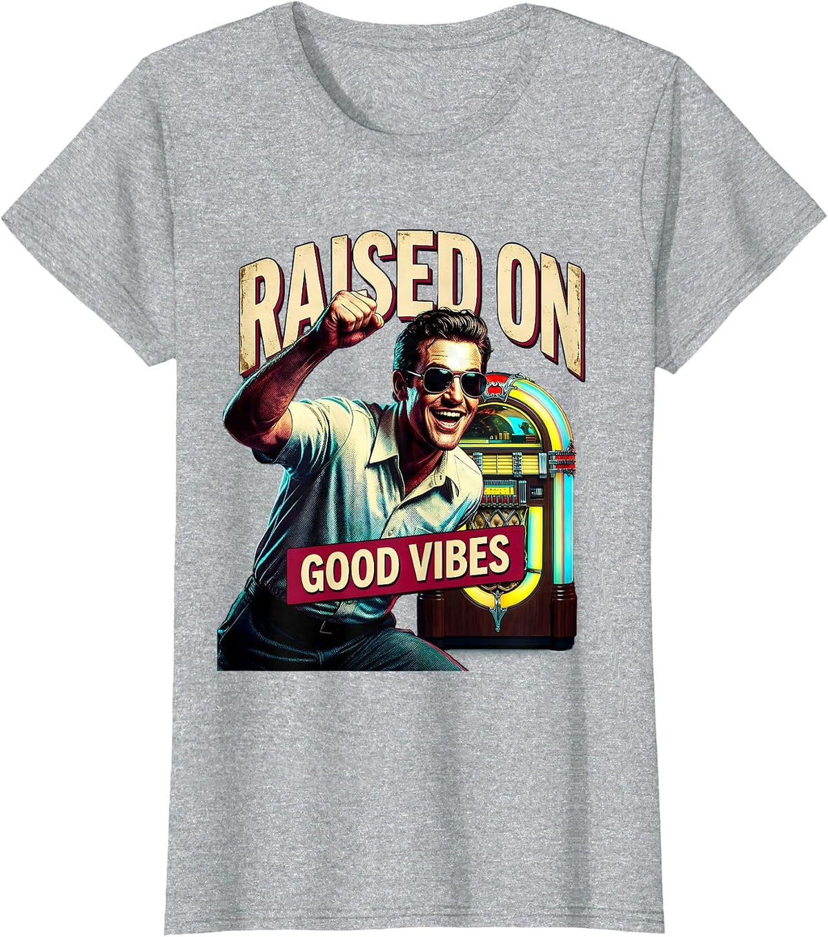 Raised on Good Vibes Retro Graphic Design T-Shirt - Heather Grey