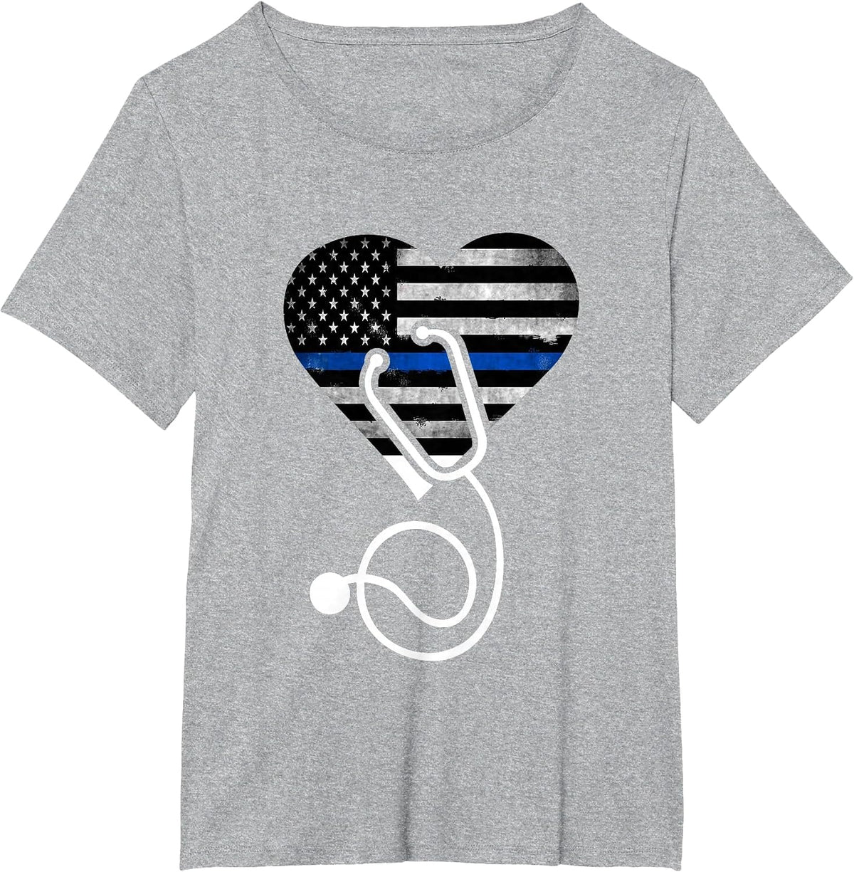 American Flag Heart with Police Thin Blue Line Nurse RN LVN T-Shirt - Heather Grey