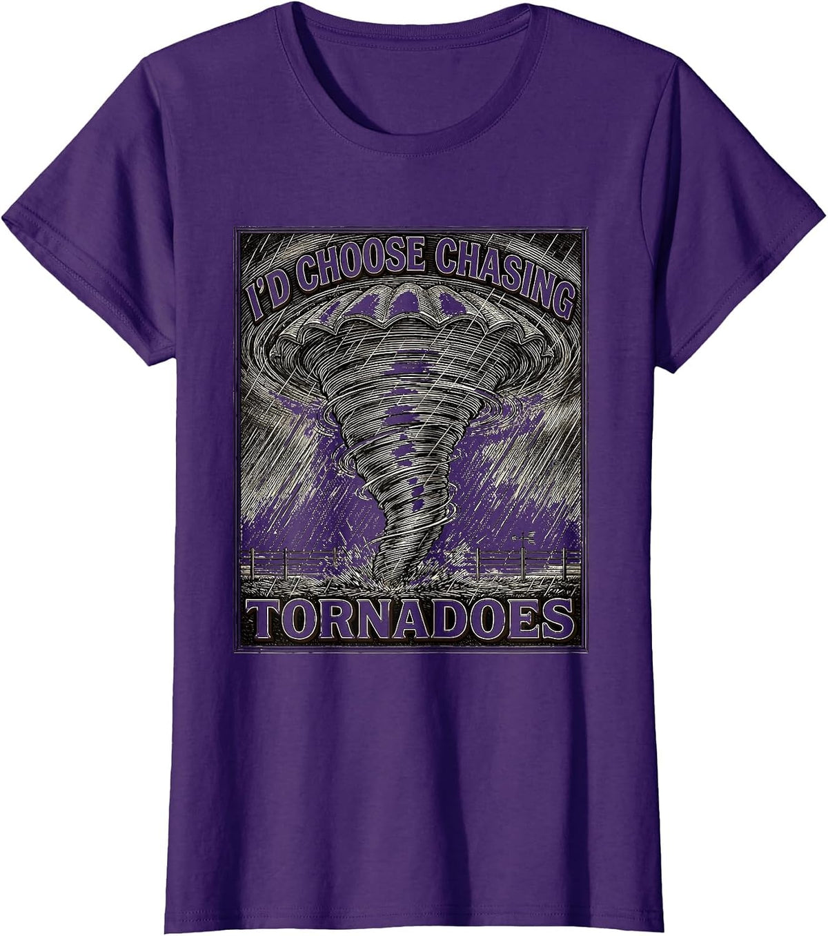Women's I'd Choose Chasing Tornadoes Crosshatch Etching Storm Chaser T-Shirt - Purple