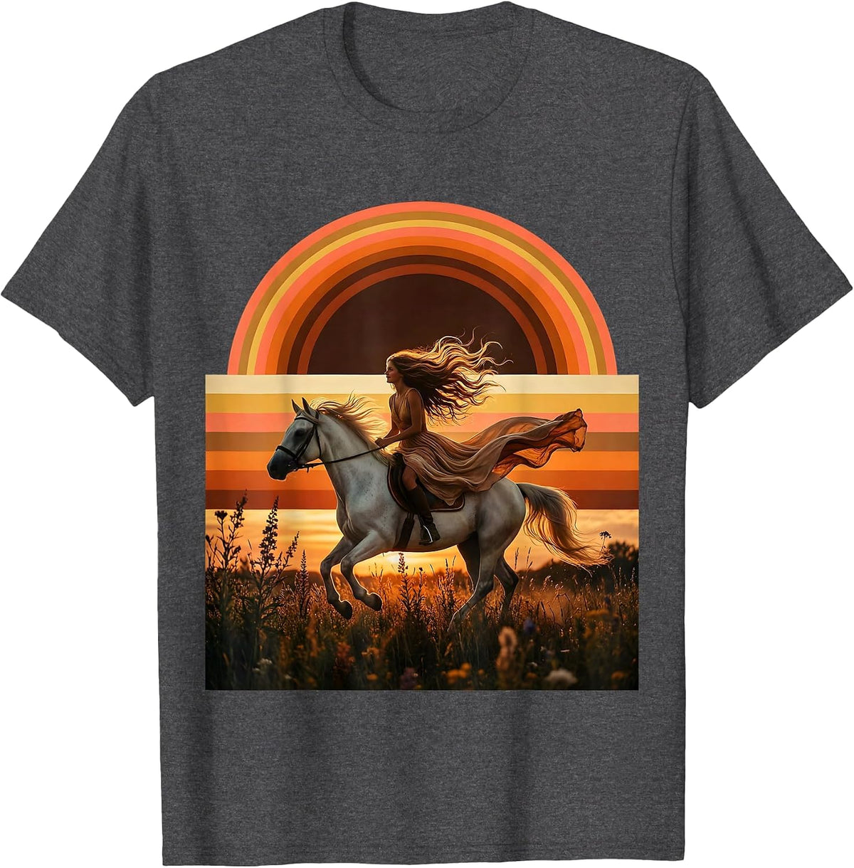 Men's Girl Riding Horse Through Wildflowers Graphic Tee T-Shirt - Dark Heather Grey