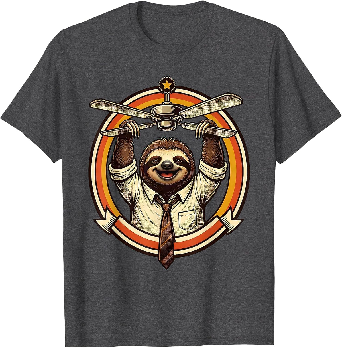 Funny Sloth Hanging From Office Ceiling Fan T-Shirt - Dark Heather Grey