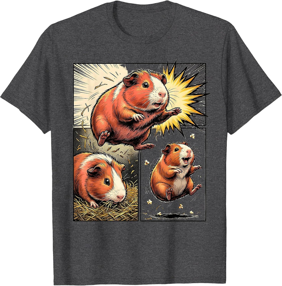 Men's Guinea Pig Comic Book Hero Leap Cavy Lover Humor T-Shirt - Dark Heather Grey