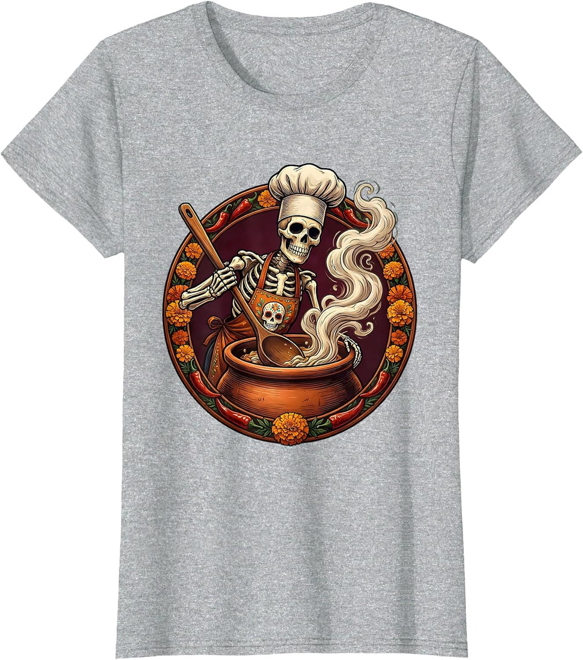 Mexican Skeleton Chef Stirring Giant Steaming Pot T-Shirt - Heather Grey