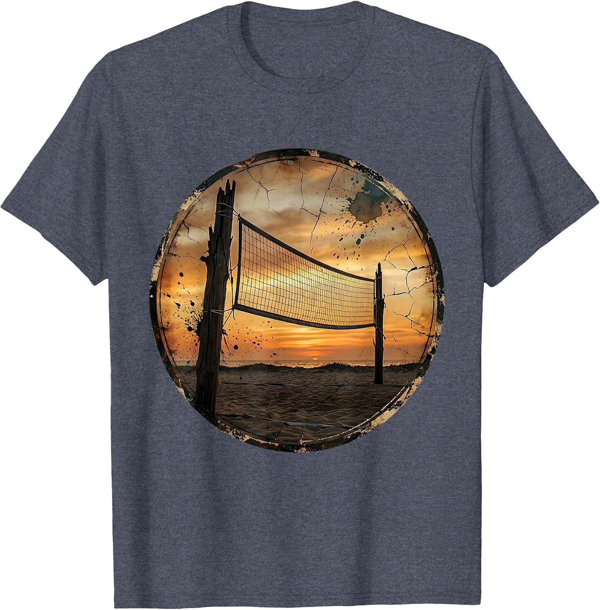 Beach Volleyball Sunset Graphic Tee T-Shirt - Heather Blue