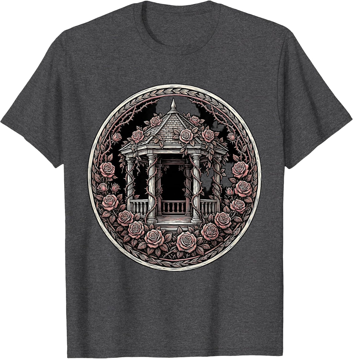 Gazebo Climbing Roses Garden Illustration T-Shirt - Dark Heather Grey