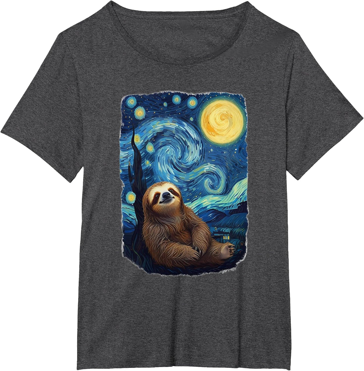 Sloth Van Gogh Style Starry Night T-Shirt - Dark Heather Grey