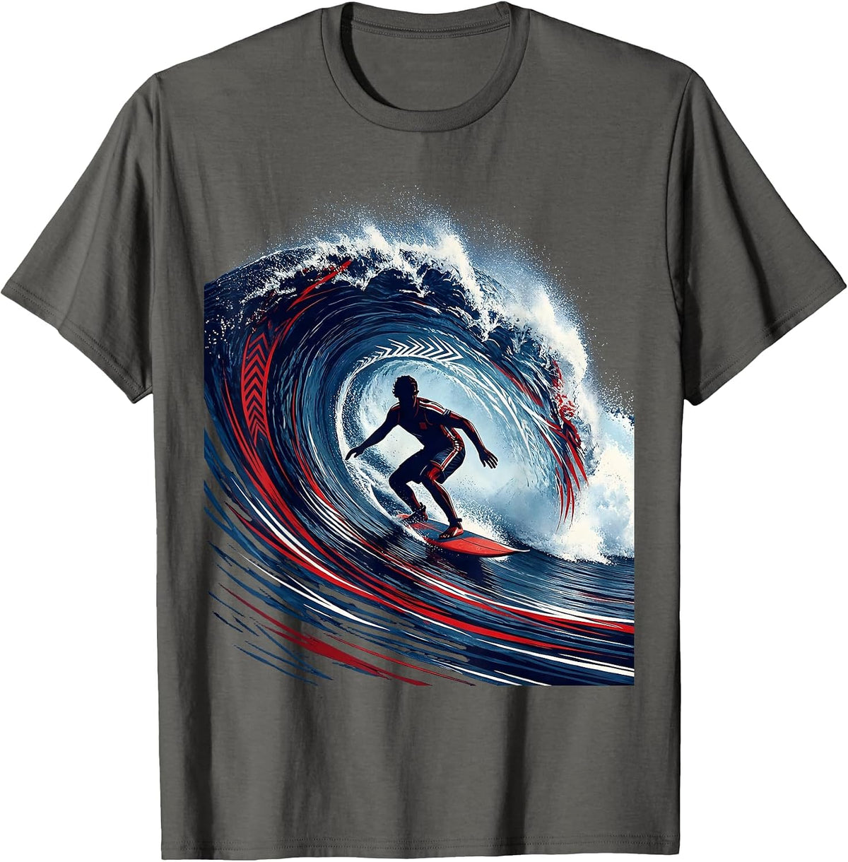 Surfer Riding Massive Ocean Wave Curl Graphic T-Shirt - Asphalt Grey