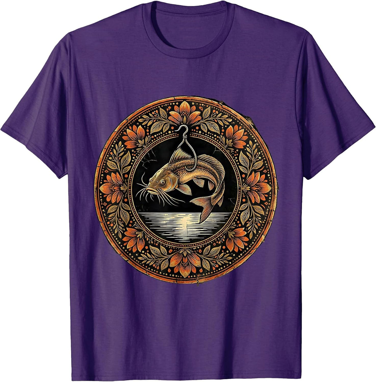 Catfish on a Hook Above Still Water Illustration T-Shirt - Purple
