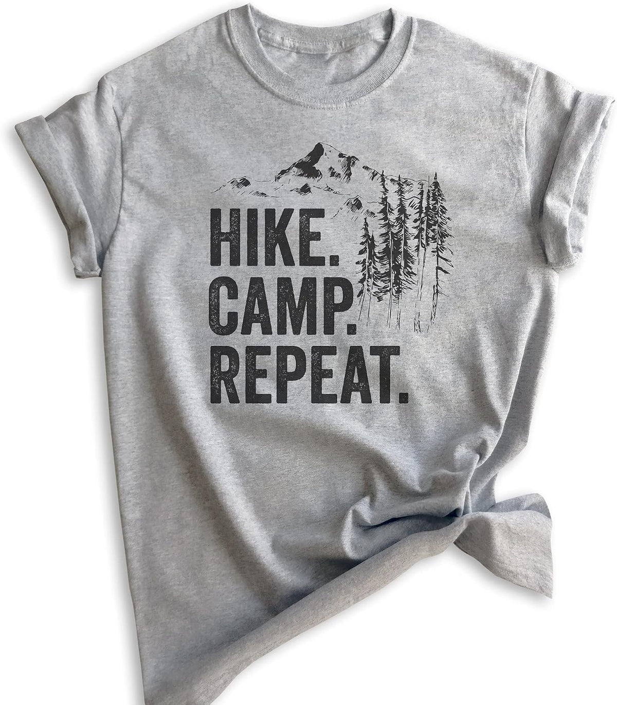 Hike Camp Repeat T-Shirt, Unisex Women's Men's Shirt, Hike Shirt, Hiking Shirt, Camping Shirt, Camper Shirt - Heather Gray