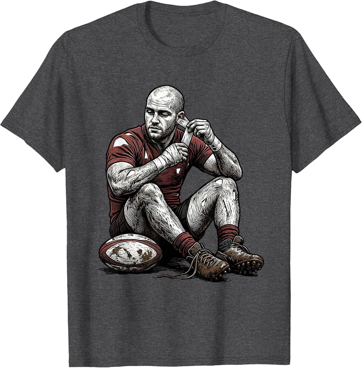 Men's Rugby Cauliflower Ear Woodcut Engraving Humor T-Shirt - Dark Heather Grey