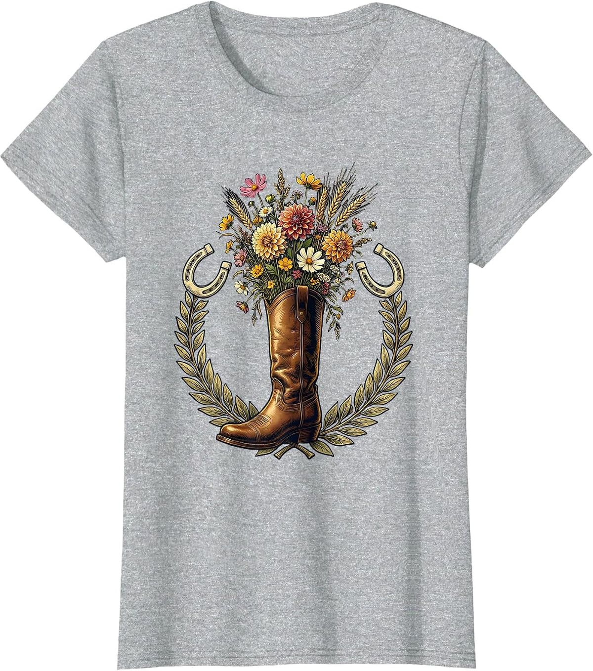 Women's Derby Floral Riding Boot Fall Fashion Graphic T-Shirt - Heather Grey