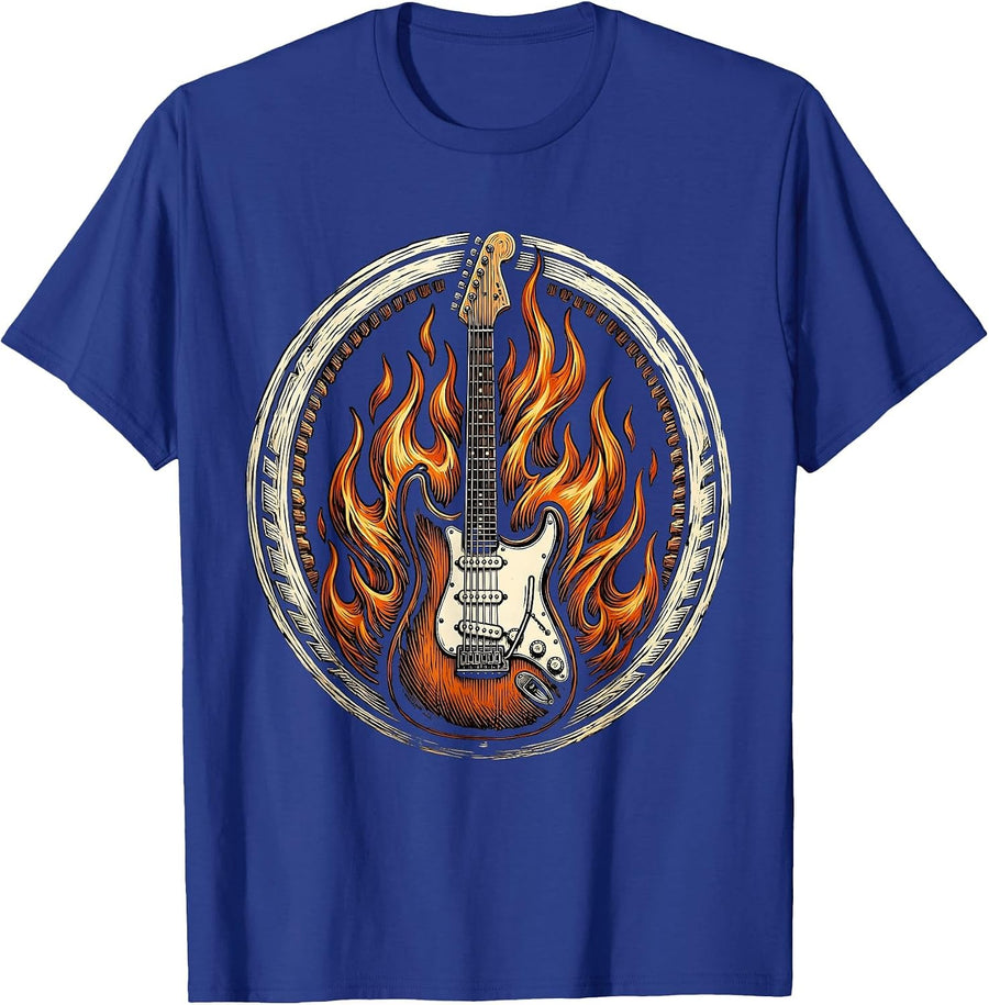 Electric Guitar On Fire Rock Music Graphic T-Shirt - Royal Blue