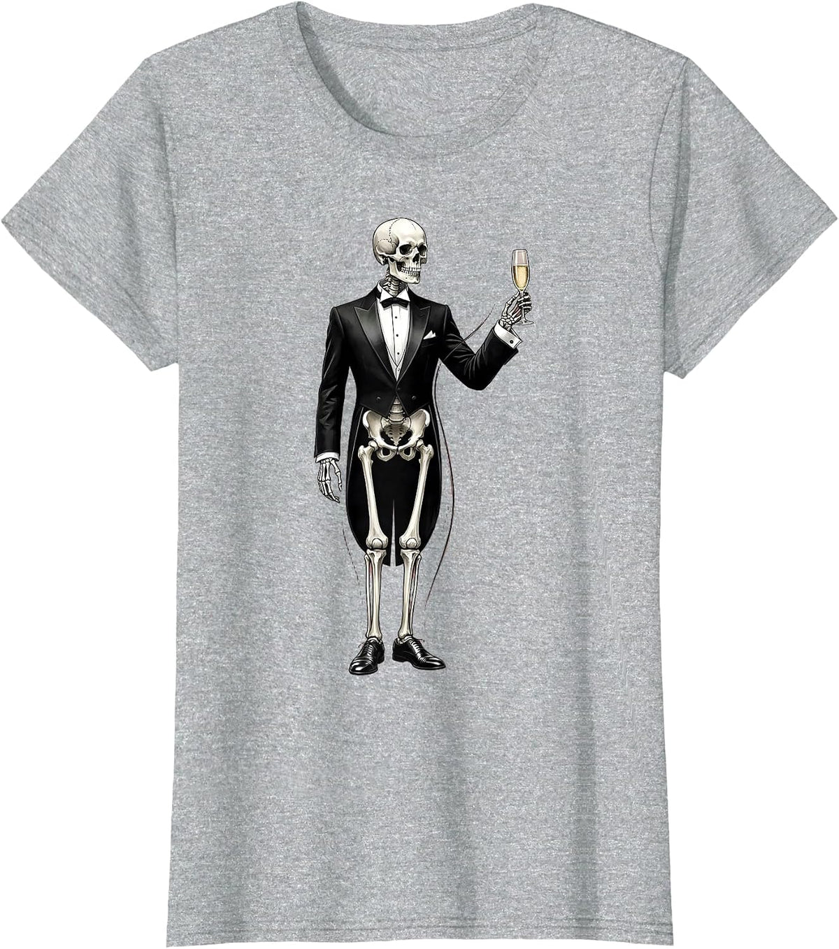 Tuxedo Skeleton Champagne Toast Graphic T-Shirt - Heather Grey