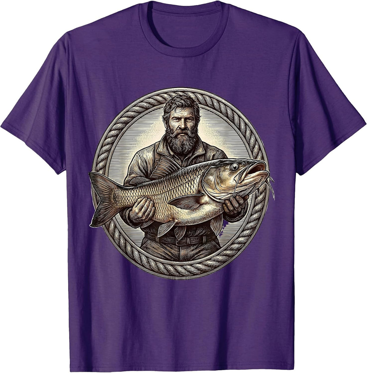 Bearded Angler Holding Giant Catfish Fishing T-Shirt - Purple