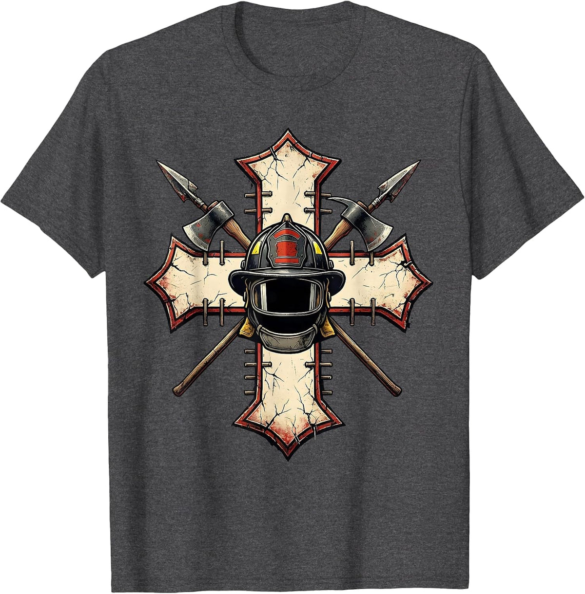 Men's Distressed Firefighter Cross Helmet Axe Ladder Gear T-Shirt - Dark Heather Grey