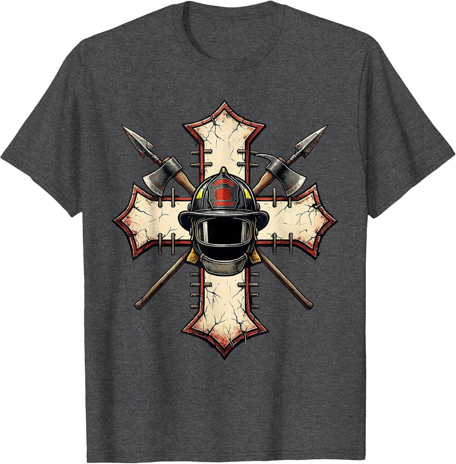 Men's Distressed Firefighter Cross Helmet Axe Ladder Gear T-Shirt - Dark Heather Grey