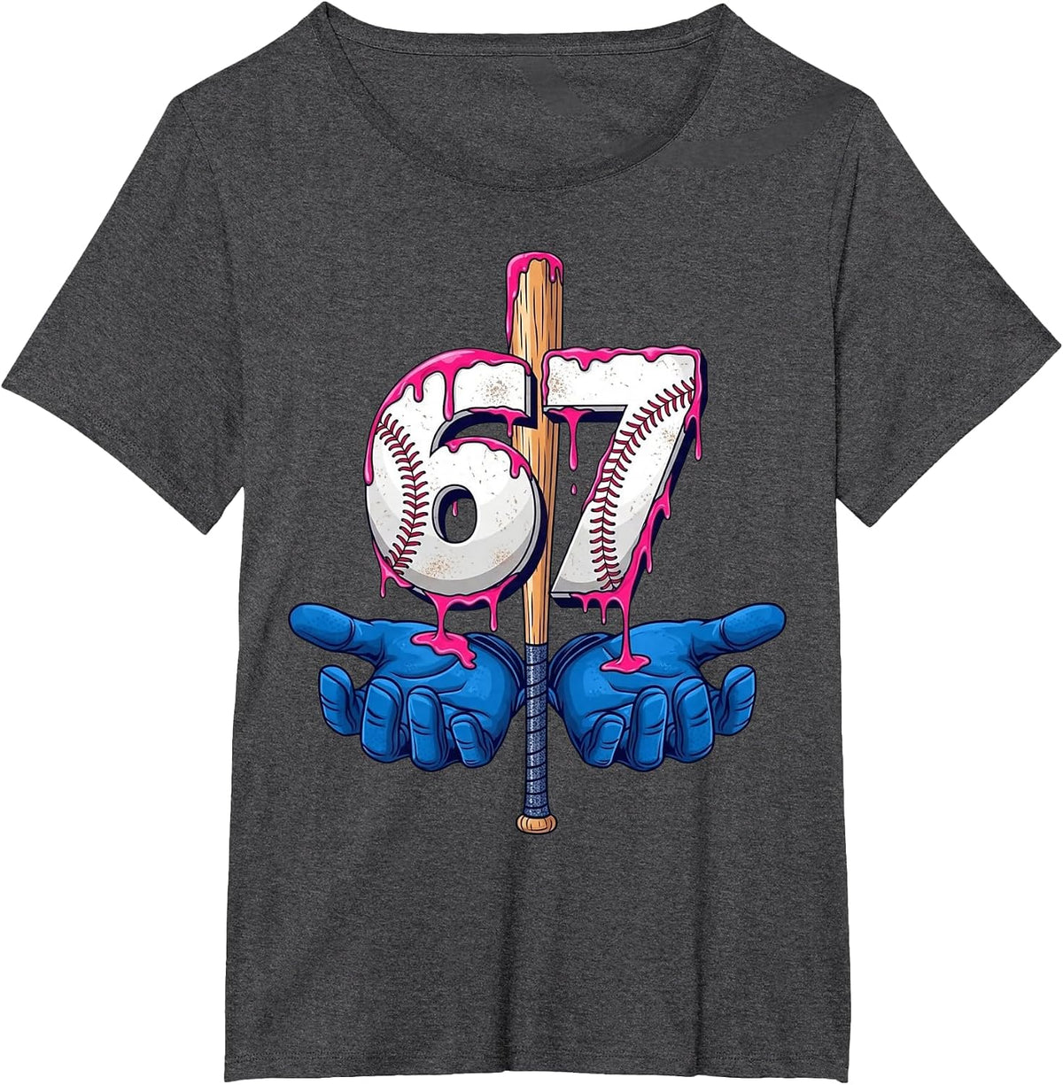 Baseball 67 Six Seven Funny Gen Alpha Meme Drip T-Shirt - Dark Heather Grey