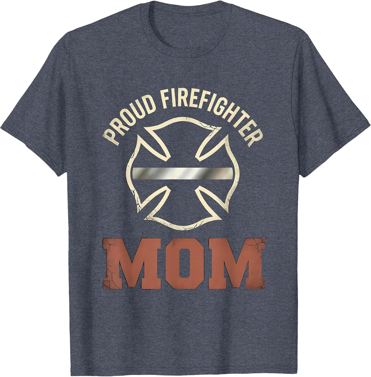 Proud Firefighter Mom Distressed Thin Red Line Maltese Cross T-Shirt - Heather Blue