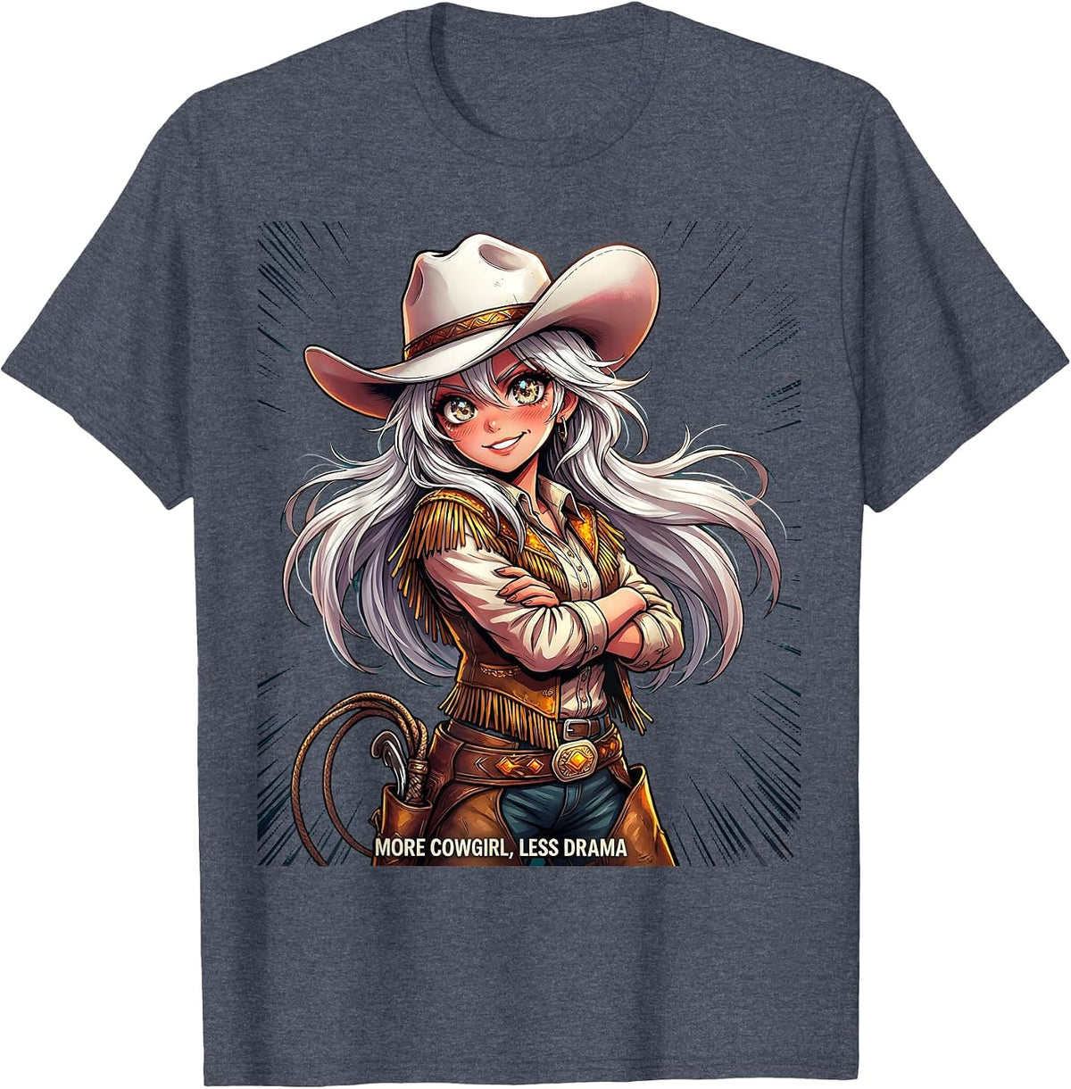 More Cowgirl Less Drama White Cowgirl Design T-Shirt - Heather Blue