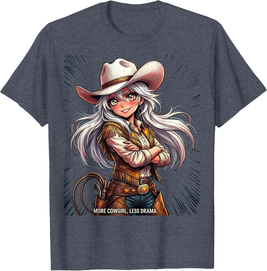 More Cowgirl Less Drama White Cowgirl Design T-Shirt - Heather Blue