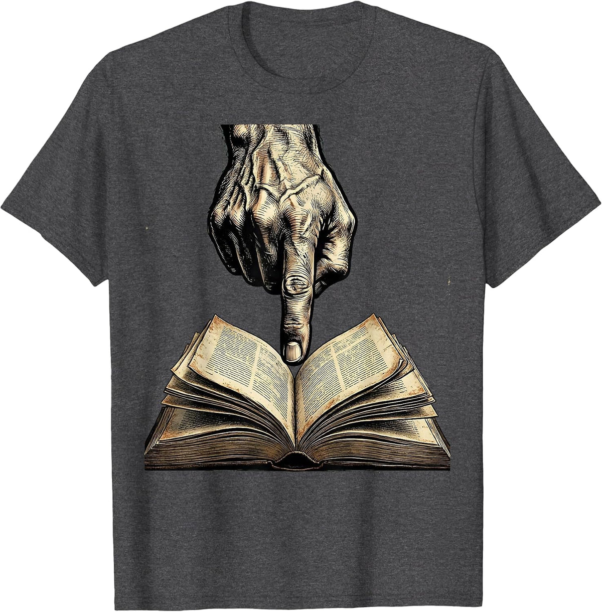 Reading Teacher Hand Pointing at Open Book Graphic T-Shirt - Dark Heather Grey