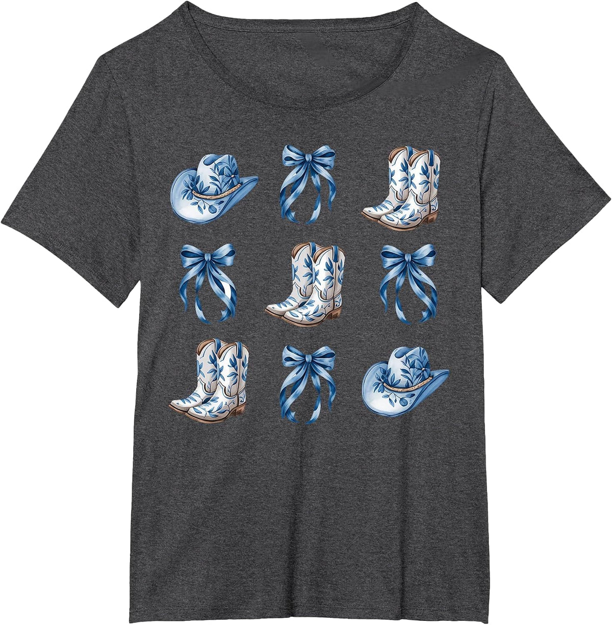 Blue Coquette Cowgirl Bows Boots Cowboy Hat Western T-Shirt - Dark Heather Grey