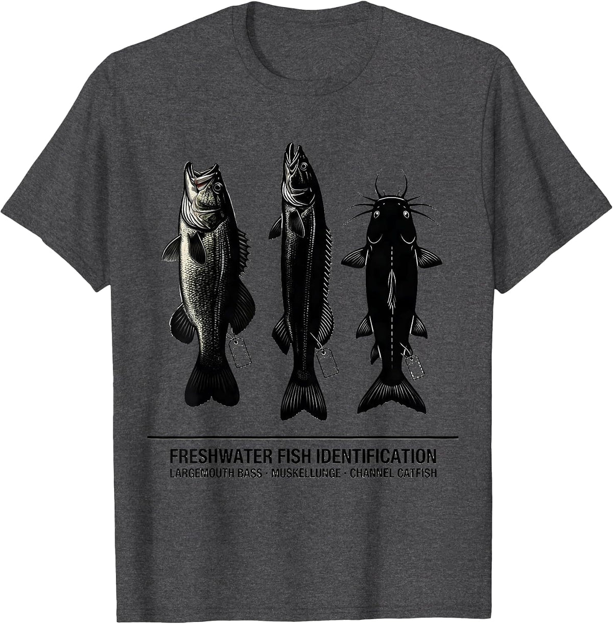 Men's Freshwater Fish ID Chart Largemouth Bass Muskellunge Catfish T-Shirt - Dark Heather Grey