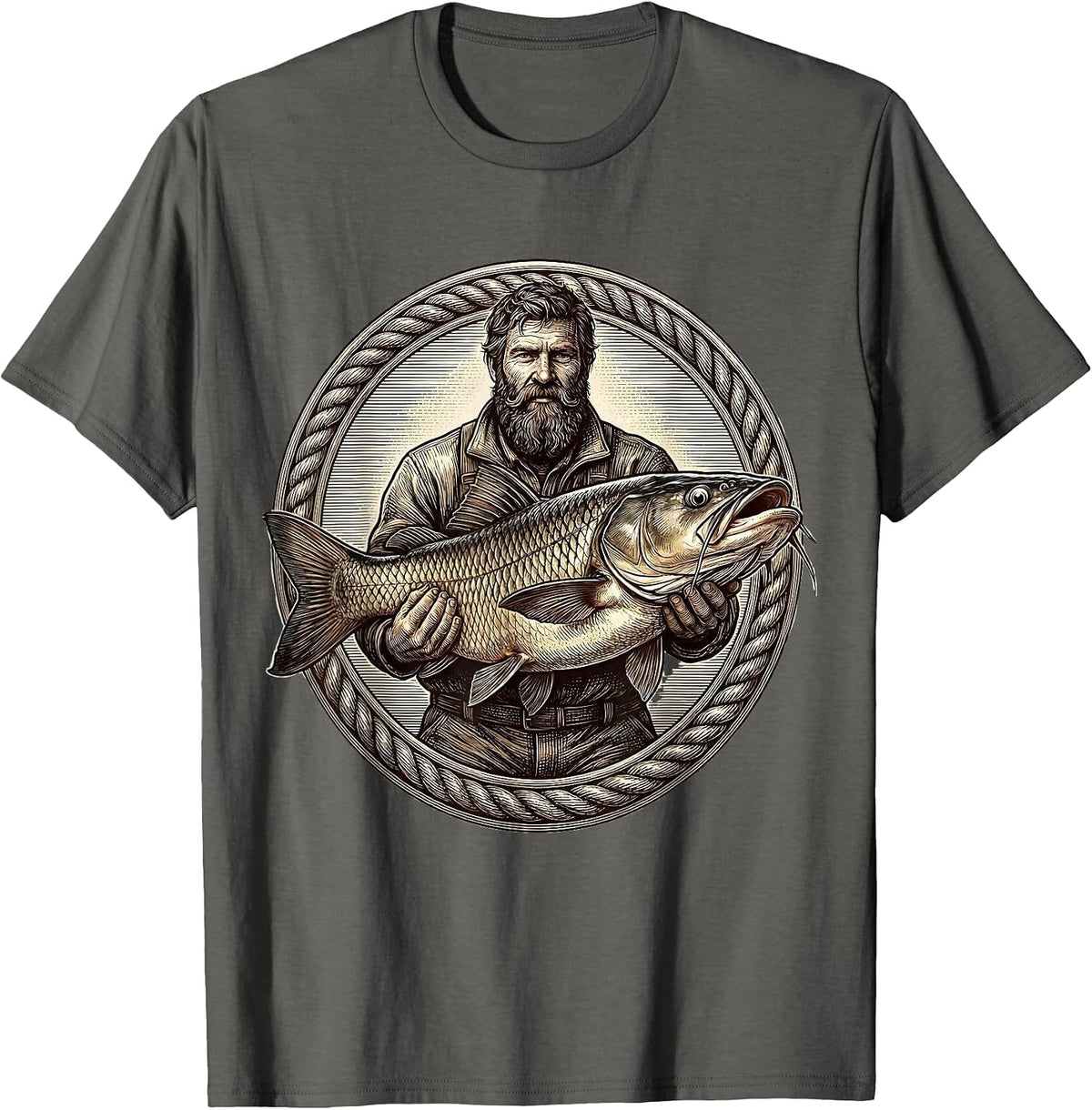 Bearded Angler Holding Giant Catfish Fishing T-Shirt - Asphalt Grey