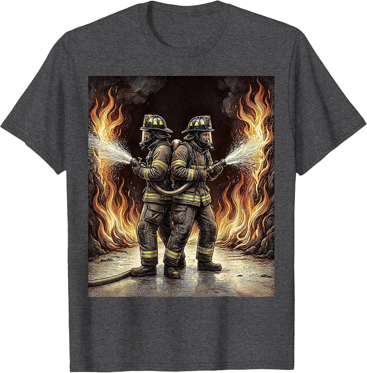 Firefighter Duo Back-to-Back Converging Flames T-Shirt - Dark Heather Grey