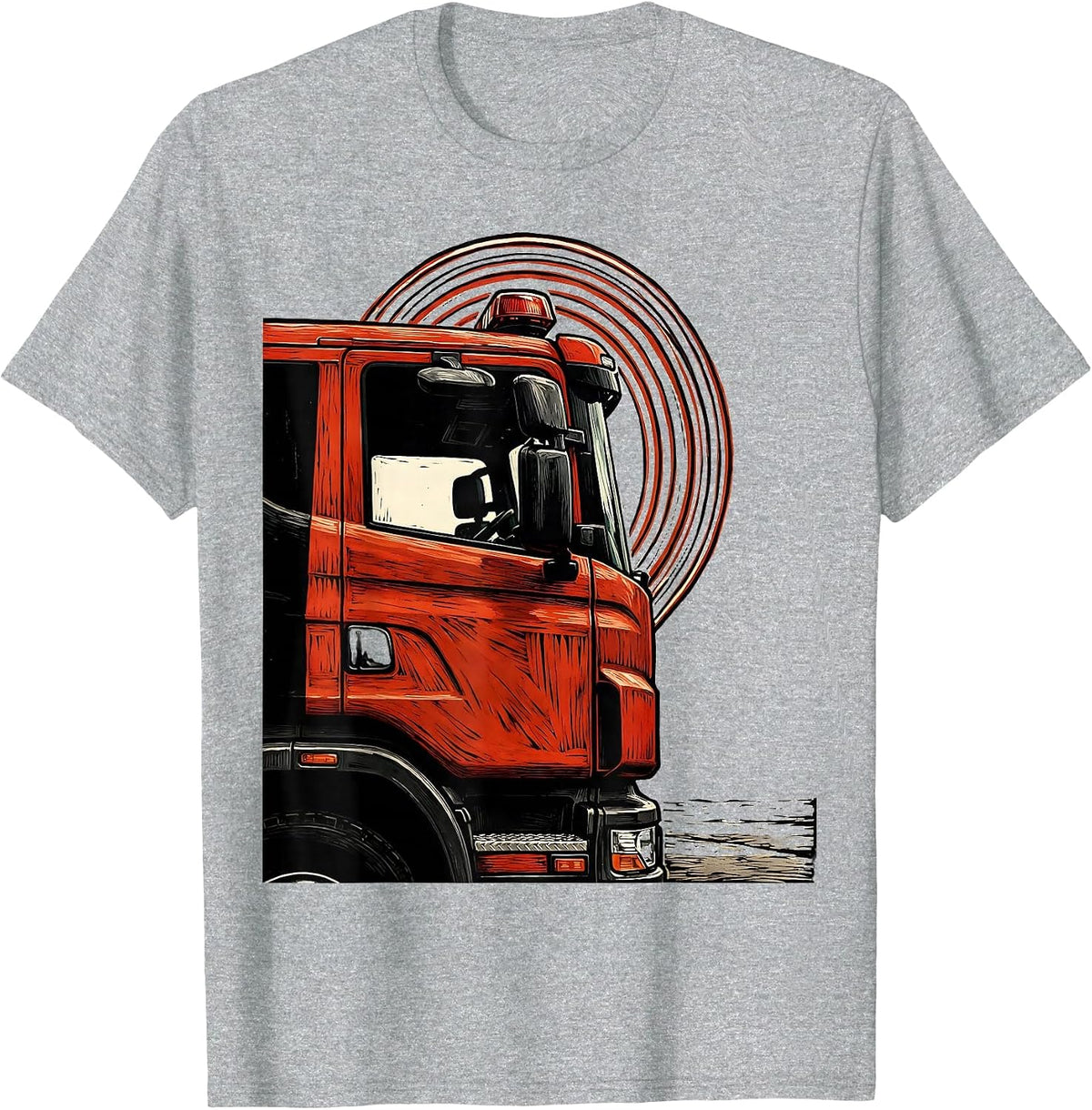 Men's Fire Truck Cab Linocut Funny Firefighter Gift T-Shirt - Heather Grey