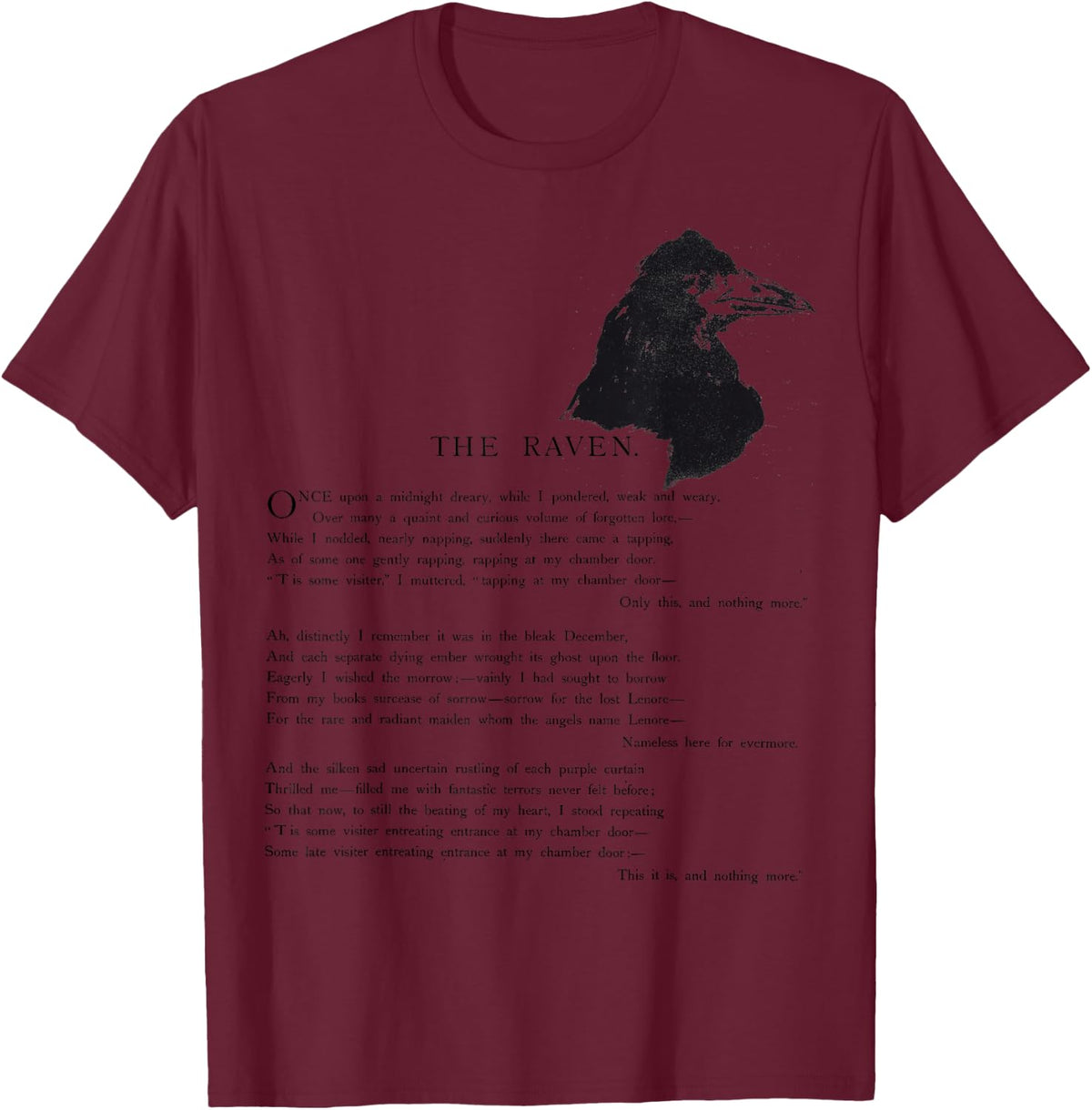 Edgar Allan Poe T-Shirt. "The Raven" Poem Tee T-Shirt - Burgundy