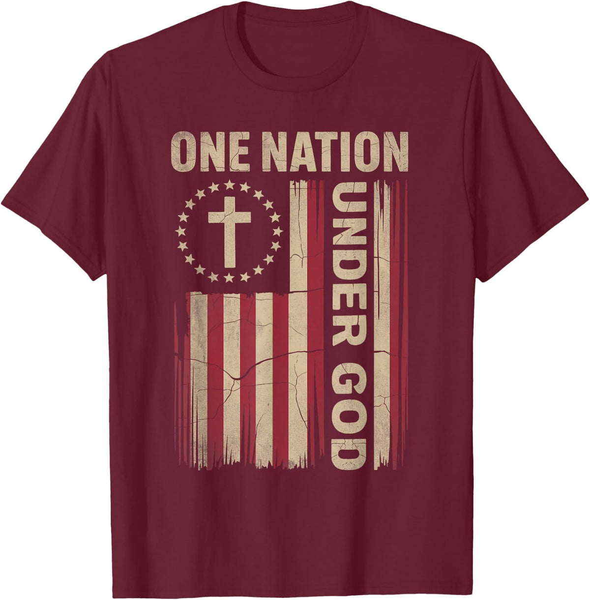 One Nation Under God Flag 4th of July Patriotic Christian T-Shirt - Burgundy