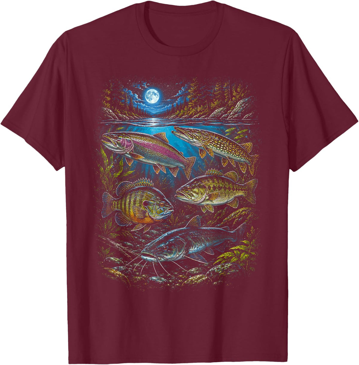 90's Vintage Freshwater Fishing Bass Trout Catfish Outdoor T-Shirt - Burgundy