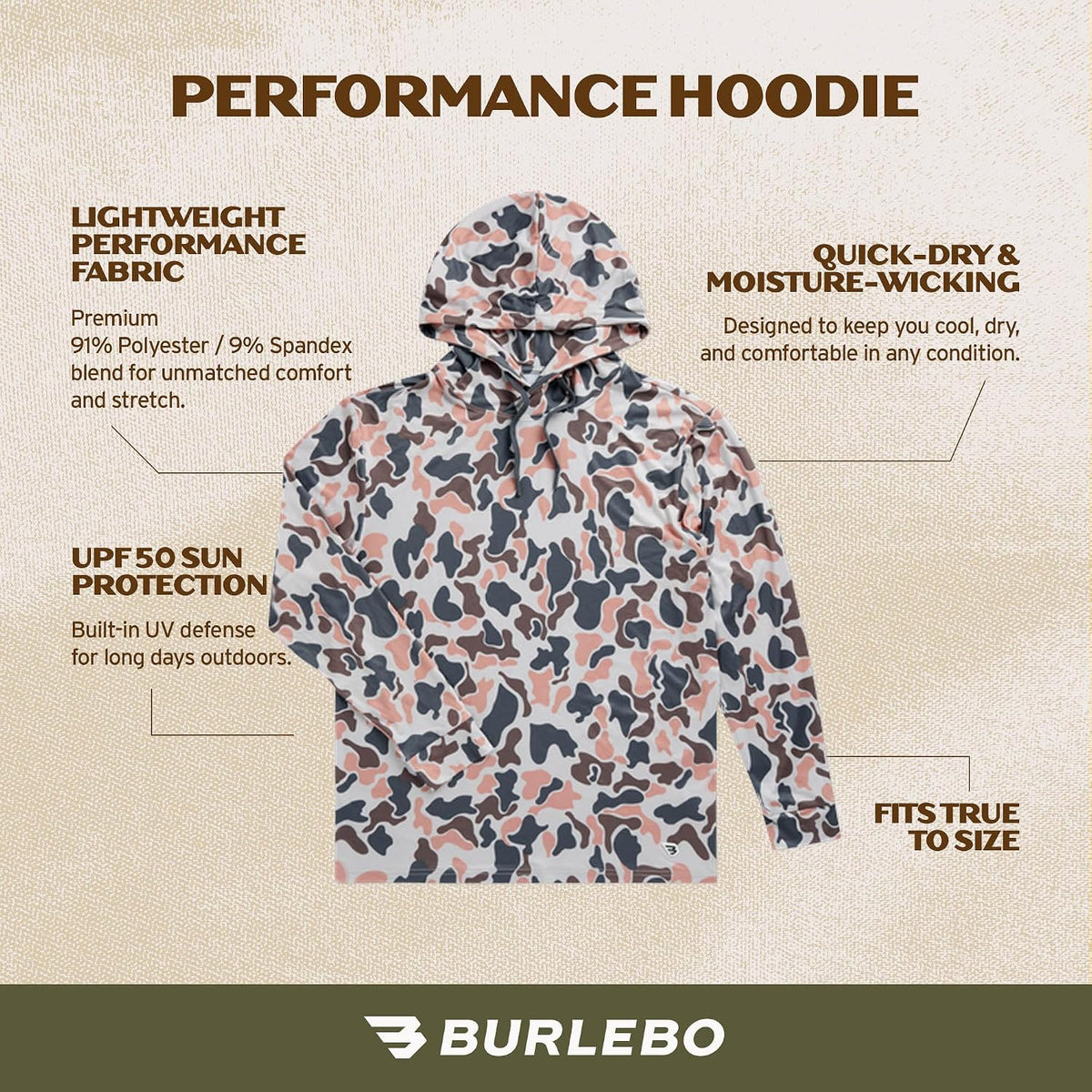 Burlebo Men’s Performance Hoodie – Lightweight Long Sleeve Pullover, Athletic Fit, Moisture-Wicking, Sun Protection - size