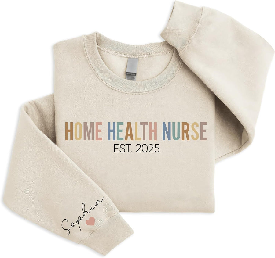 Custom Home Health Care Sweatshirt with Name on Sleeve, Personalized Visiting Nurse Crewneck Gift for Caregiver, Senior