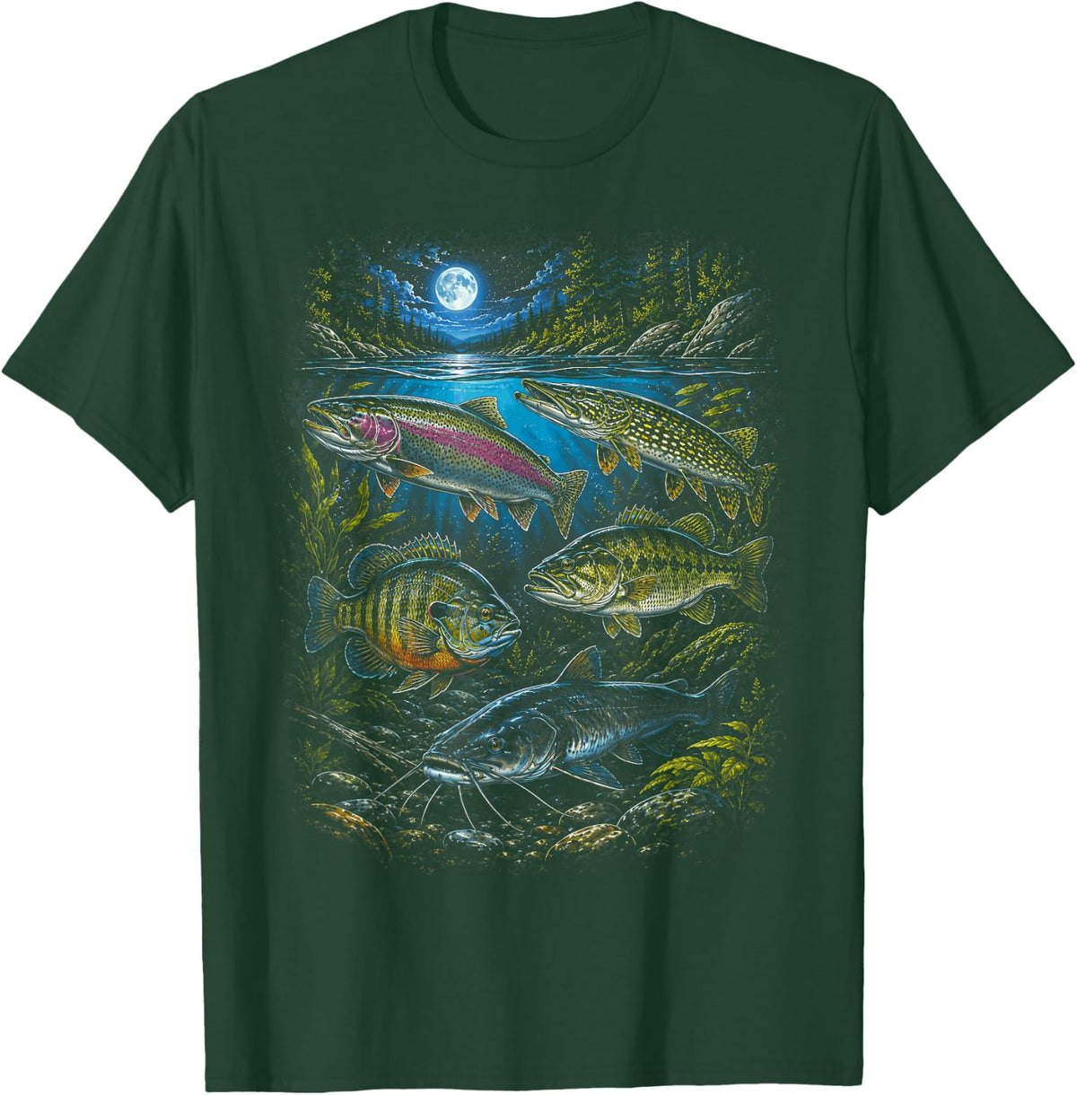 90's Vintage Freshwater Fishing Bass Trout Catfish Outdoor T-Shirt - Dark Green