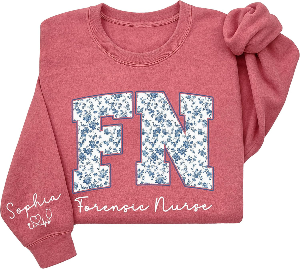 Personalized Nurse Sweatshirt with Floral Letters, Custom Name on Sleeve, Gifts for Medical Staff Uniform - Forensic Nurse