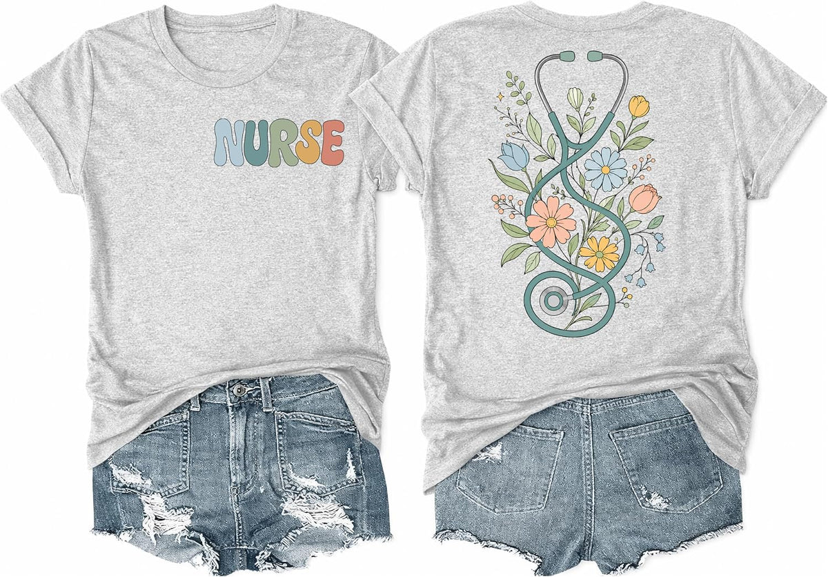 Nurse Shirt Funny Nurse Life T Shirt Boho Floral Stethoscope Graphic Tees - Grey Crewneck