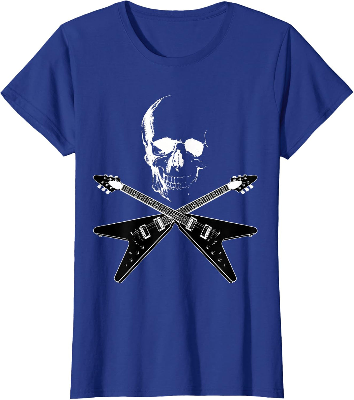 Flying V Guitar Hard Rock Heavy Metal Music Skull Outfit T-Shirt - Royal Blue