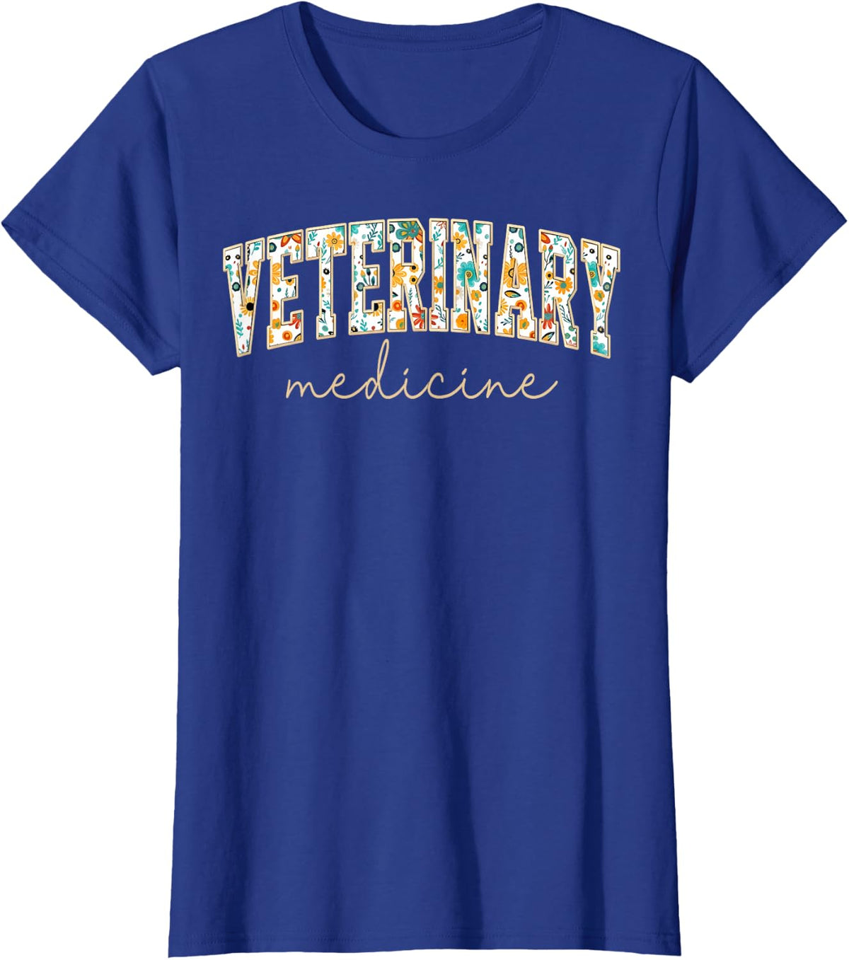 Vintage Floral Veterinary Medicine Text T-Shirt - Royal Blue