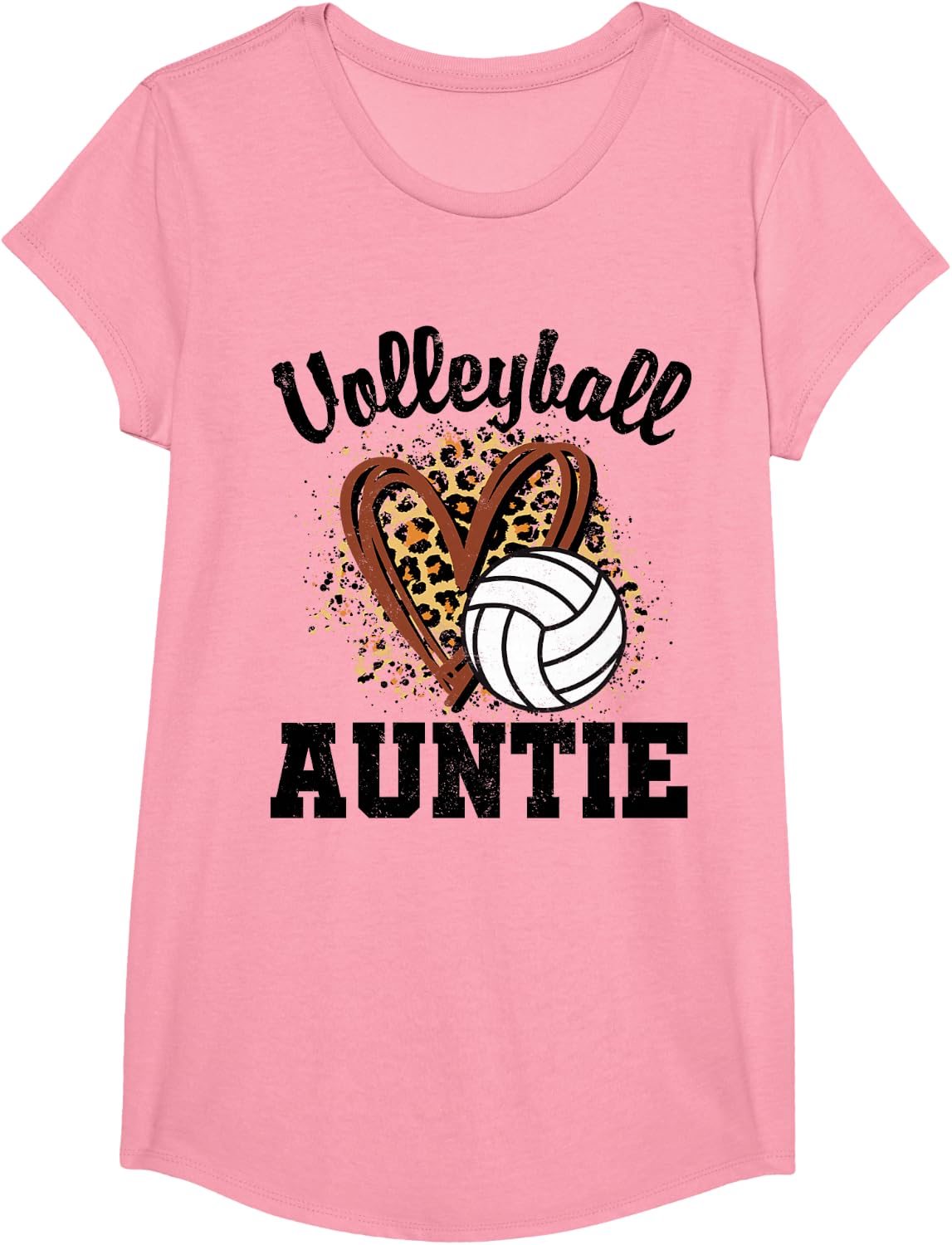 Volleyball Auntie Heart Leopard T-Shirt - Girls Pink