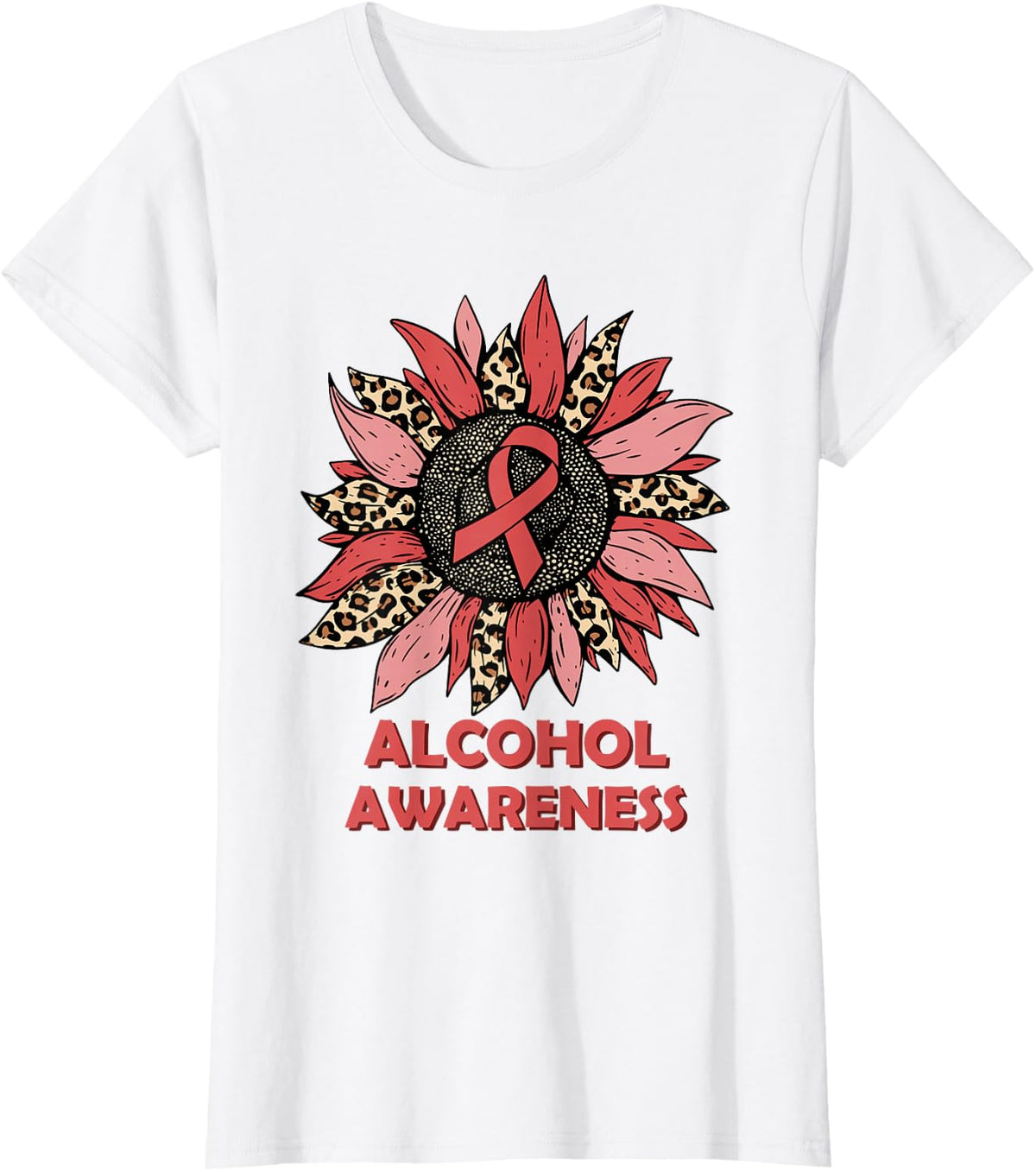 Leopard Sunflower Red Ribbon Alcohol Awareness Gifts T-Shirt - White