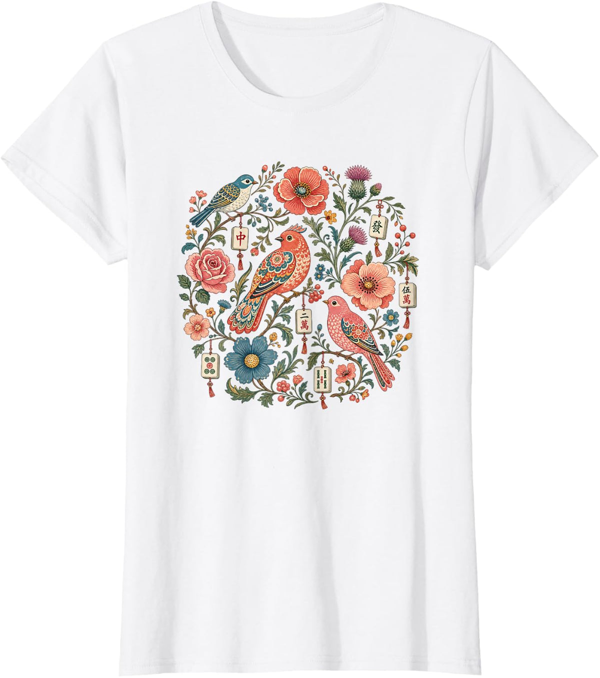 Floral Mahjong Birds T-Shirt - White