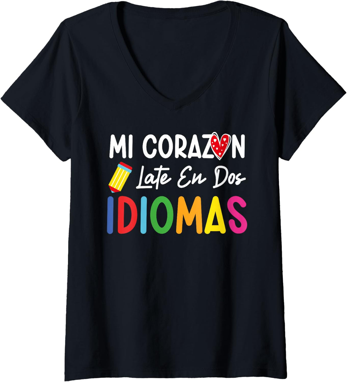 Womens Mi corazon late en dos idiomas bilingual Spanish Teacher V-Neck T-Shirt - Black