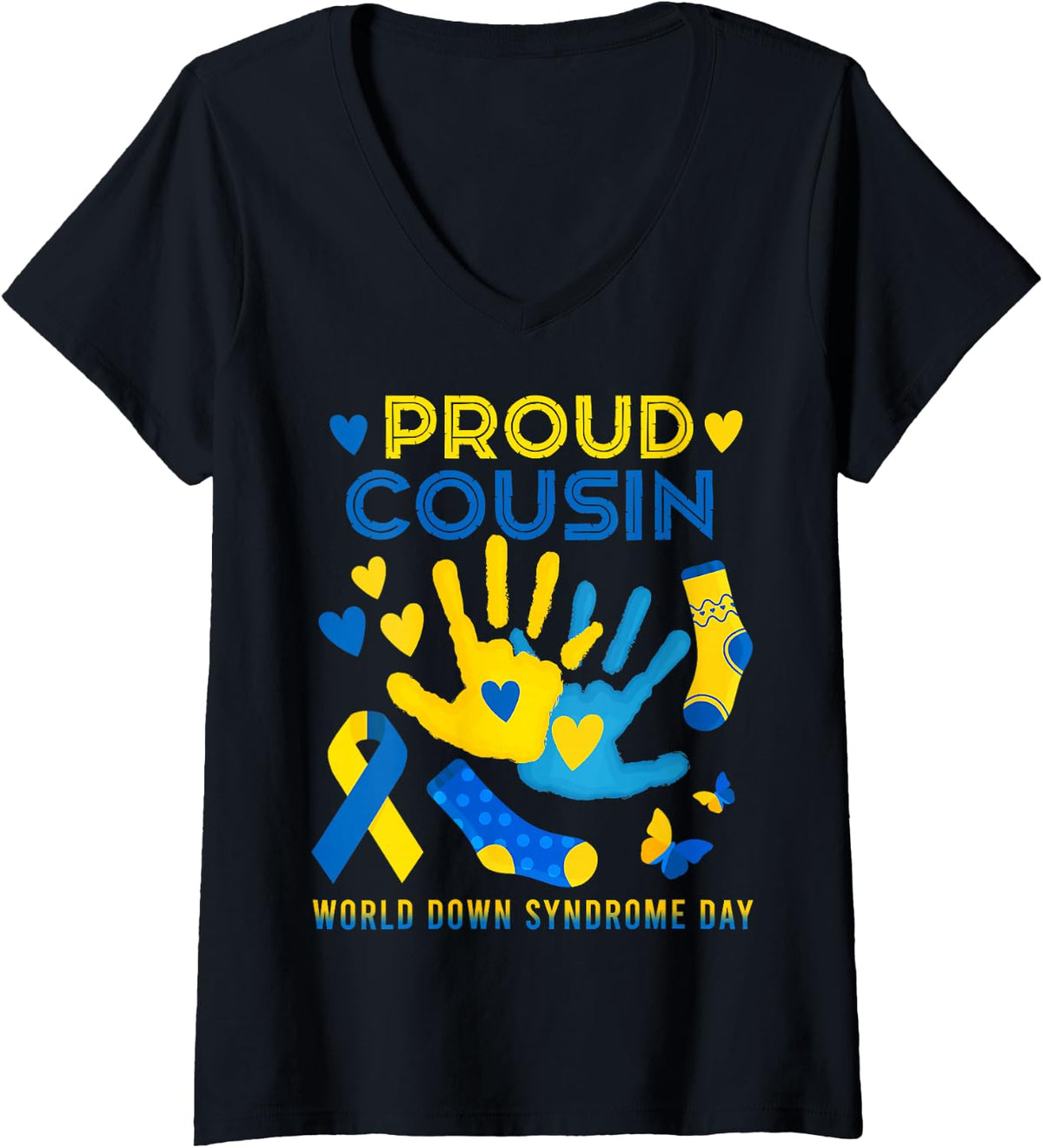 Women's Proud Cousin T21 World Down Syndrome Awareness Day Ribbon T V-Neck T-Shirt - Black