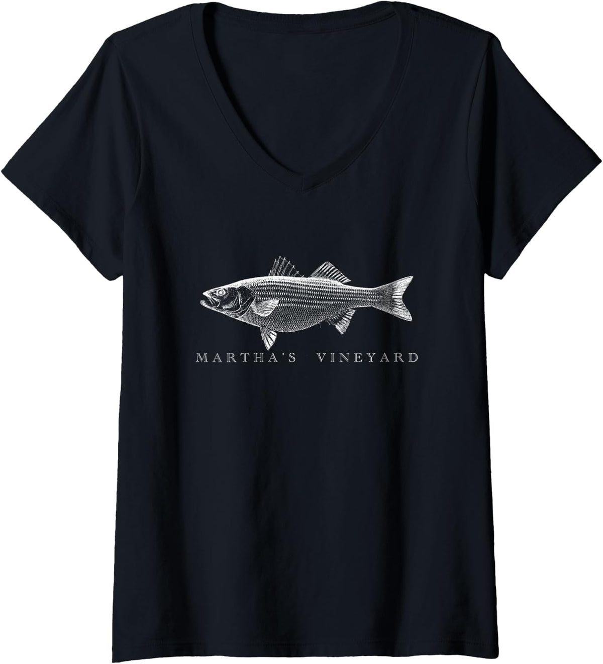 Women's Martha's Vineyard Striper Fishing - Striped Bass or Rockfish V-Neck T-Shirt - Black